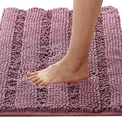 LINFKY Badematte rutschfest Luxus Chenille Gestreifte Badezimmerteppich Extra weiche und saugfähige Mikrofaser Hochflor Teppiche Schnelltrocknende Badvorleger Waschbar (Mauve,60 x 90 cm) von LINFKY