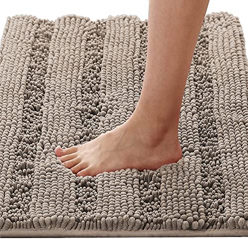 LINFKY Badematte rutschfest Luxus Chenille Gestreifte Badezimmerteppich Extra weiche und saugfähige Mikrofaser Hochflor Teppiche Schnelltrocknende Badvorleger Waschbar (Taupe,60 x 90 cm) von LINFKY