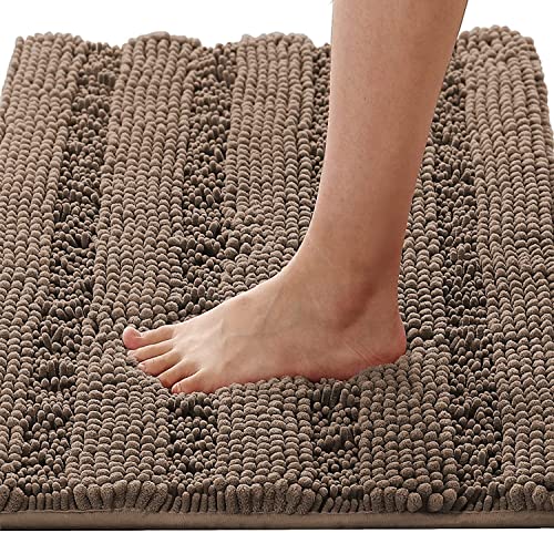 LINFKY Badematte rutschfest Luxus Chenille Gestreifte Badezimmerteppich Extra weiche und saugfähige Mikrofaser Hochflor Teppiche Schnelltrocknende Badvorleger Waschbar (Taupebraun,60 x 90 cm) von LINFKY