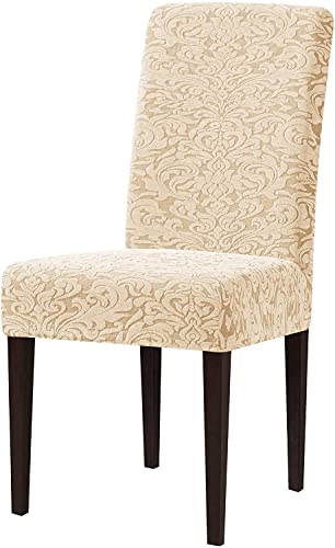 LINFKY Esszimmer Stuhlhussen Esszimmerstuhl Schonbezug Jacquard Damast Waschbar Stuhlbezug Stretch Möbel Abnehmbarer Stuhlschutz Mit Hoher Rückenlehne Für Die Küche (Helles Khaki,Set of 4) von LINFKY