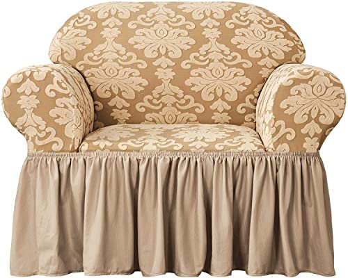 LINFKY Sofa Überwürfe Stretch Sofabezug Mit Rüschenrock, Universal Jacquard Damast Couchbezüge Möbelschutz Für Wohnzimmer Kinder Haustiere (Dunkles Khaki,1 Sitzer (80-120cm)) von LINFKY