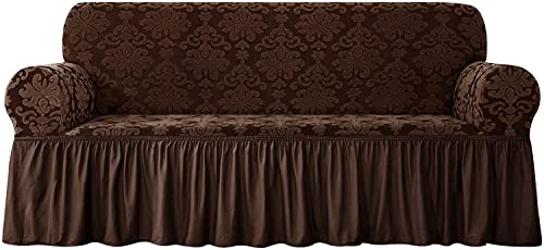 LINFKY Sofa Überwürfe Stretch Sofabezug Mit Rüschenrock, Universal Jacquard Damast Couchbezüge Möbelschutz Für Wohnzimmer Kinder Haustiere (Schokolade,2 Sitzer (145-178cm)) von LINFKY