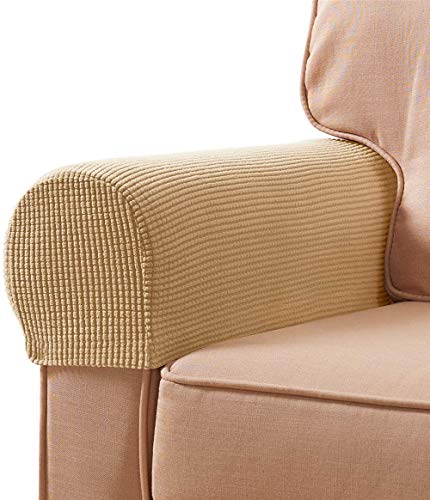 LINFKY Spandex Stretch Fabric Armlehnenbezüge Anti-Rutsch-Möbelschutz Sessel Schonbezüge für Recliner Sofa 2 Stück mit kostenlosen Befestigungswerkzeugen Twist Pins (Khaki,Set of 4) von LINFKY