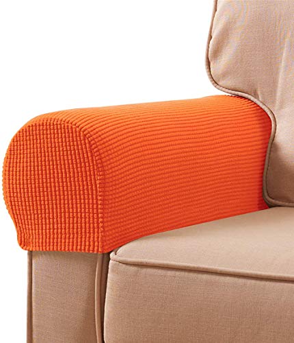 LINFKY Spandex Stretch Fabric Armlehnenbezüge Anti-Rutsch-Möbelschutz Sessel Schonbezüge für Recliner Sofa 2 Stück mit kostenlosen Befestigungswerkzeugen Twist Pins (Orange,Set of 2) von LINFKY