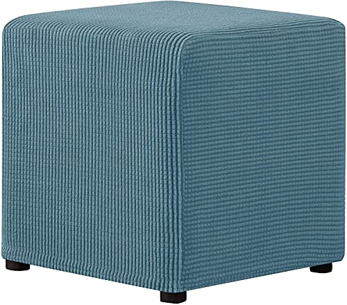 LINFKY Stretch Hockerbezug Rechteckig Hocker Fußstütze Schonbezug Mit Elastischem Boden, Karos Elasthan Jacquard-Gewebe (Smoky Blue) von LINFKY