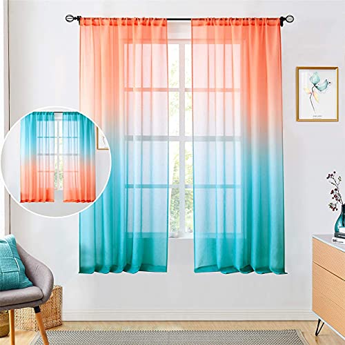 Leinen Ombre Semi Sheer Vorhänge 2 Ton Reversible Rod Pocket Für Schlafzimmer Wohnzimmer, Privatsphäre Und Lichtfilterung Semi Sheer Gradient Window Curtain 2 Panel (Orange & Blau,2X 132x160 cm) von LINFKY