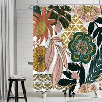 180x180cm Boho-Stil Duschvorhang Rosa Blumen Blätter Grün Badvorhang Anti-Schimmel Wasserdicht Polyestergewebe Waschbar Badezimmervorhang von LINGHHANG
