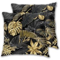 Kissenbezüge, Tropische Blätter in Gold und Schwarz auf dunklem Hintergrund, Kissenbezug 45 x 45 cm, 2er-Set, dekorative Kissenbezüge mit Kissenbezüge, Tropische Blätter in Gold und Schwarz auf dunklem Hintergrund, Kissenbezug 45 x 45 cm, 2er-Set, dekorative Kissenbezüge mit von LINGHHANG