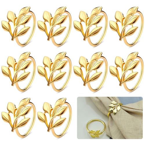 LINGJIA 10 Stück Napkin Rings, Serviettenklammern, Serviettenringe in Gold, Serviettenringe in Roségold, Hohle Serviettenringe, Serviettenringe in Blattform, für Geburtstage, Party (Gold, 1) von LINGJIA