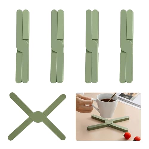 LINGJIA 4 Stück Topfuntersetzer Hitzebeständig, Silikon Topfmatte, 20 * 3.2cm Faltbarer Topfhalter, Utensilienmatte, Silikonuntersetzer, Topfschutzmatte, Hochtemperaturisolierter Ständer (Grün) von LINGJIA
