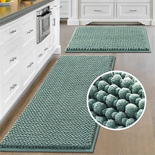 Badezimmerteppiche Badematten Sets 2 Stück Hohe Dichte und Saugfähige Chenille Badematten rutschfeste Flauschiger Maschinenwasch-Badeteppiche für Badezimmerboden (43 x 60cm+50 x 120cm,Aqua) von LINGKY