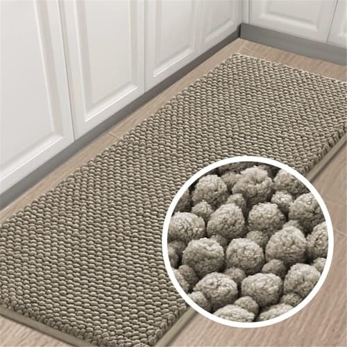 LINGKY Badematte rutschfest 50x150 cm Chenille Badezimmerteppich Saugfähige Badteppich Waschbar Badvorleger Bad Teppich Badezimmer Duschvorleger Badematte Taupe von LINGKY