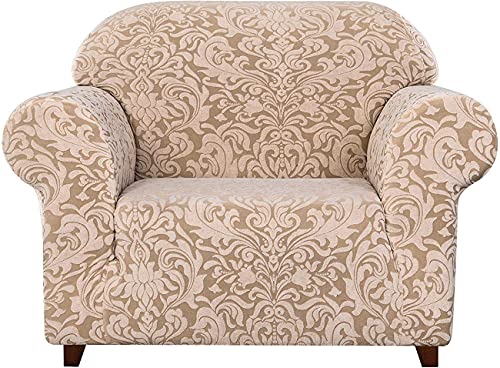 LINGKY 1-teilige Universelle Sofabezüge, Jacquard Damast Stretch Sofabezug Sesselbezüge 1 2 3-Sitzer Polyester Spandex Blumenmuster Anti-Rutsch-Couch Schonbezug (Oatmeal,1 Sitzer (80-120cm)) von LINGKY