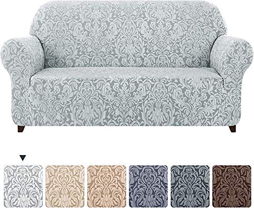 LINGKY 1-teilige Universelle Sofabezüge, Jacquard Damast Stretch Sofabezug Sesselbezüge 1 2 3-Sitzer Polyester Spandex Blumenmuster Anti-Rutsch-Couch Schonbezug (Smoky Gray,3 Sitzer (185-235cm)) von LINGKY