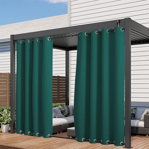 LINGKY 2er Set Outdoorvorhänge mit Ösen (Oben & Unten) Terrasse Vorhänge Sonnenschutz & Sichtschutz Outdoor Vorhang Wetterfest Outdoor Gardinen für Pavillon/Balkon, H 213 x B 132 cm, Dunkelgrün von LINGKY