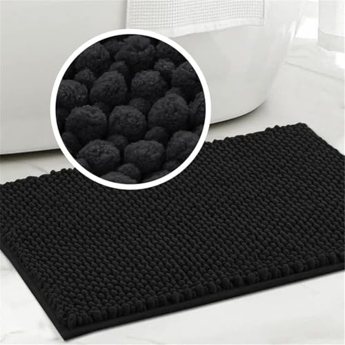 LINGKY Badematte rutschfest 43x60 cm Chenille Badezimmerteppich Saugfähige Badteppich Waschbar Badvorleger Bad Teppich Badezimmer Duschvorleger Badematte Schwarz von LINGKY