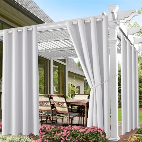 LINGKY Blickdicht Gardinen Outdoorvorhänge Sonnenschutz Outdoor Vorhang Wetterfest Terrassen Sichtschutz Vorhänge Wasserdicht für Balkon Pavillon, 244x132 cm(HöhexBreite), Grau Weiß, 2er Set von LINGKY