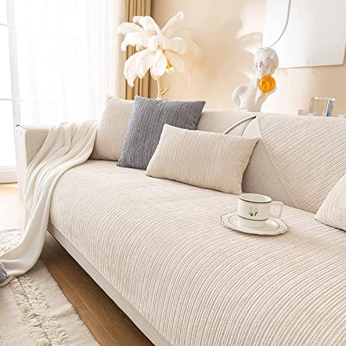 LINGKY Chenille Sofabezug 1/2/3/4 Sitzer L Form Sofa Couch überzug Ecksofa, Sofaschoner rutschfeste Universelle Sofa überwurf, Solide Strukturierte Sofaschutz für Wohnzimmer (Creme,90x160cm) von LINGKY