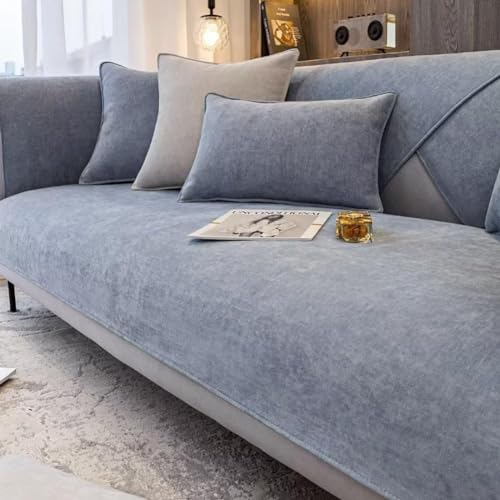 LINGKY Chenille Sofabezug 1 2 3 4 Sitzer, Sofadecken Für Sitzfläche, Ecksofa Sofa überzug, Sofaschoner rutschfest, Couch Überzug L Form Sofaüberwürfe, Sofaschutz Katze Hund (Blau Grau,110x210cm) von LINGKY