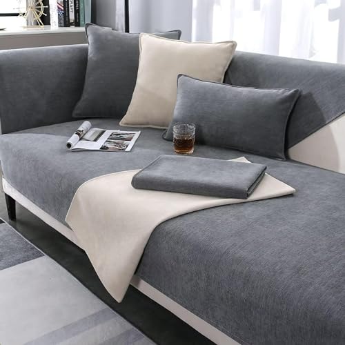 LINGKY Chenille Sofabezug 1 2 3 4 Sitzer, Sofadecken Für Sitzfläche, Ecksofa Sofa überzug, Sofaschoner rutschfest, Couch Überzug L Form Sofaüberwürfe, Sofaschutz Katze Hund (Grau,110x160cm) von LINGKY