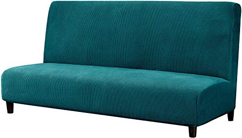 LINGKY Jacquard Stretch Armless Sofa Schonbezug, Soft Elastic Fitted Klappsofa Bettbezug Ohne Armlehne, Abnehmbarer Maschinenwaschbarer Rutschfester Möbelschutz Für Futon Couch (Türkis) von LINGKY