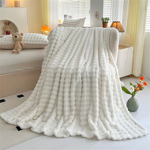 LINGKY Kuscheldecke Milchsamt Bubble Decke Super Soft Wohndecke Dick 450 G/M² Flanell Decke Couchdecke Warme Überwurfdecke Sofadecke Vielseitig Blanket Für Bett Sofa Schlafzimmer Büro Weiß 100x160cm von LINGKY