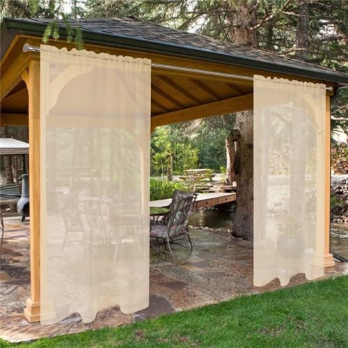 LINGKY Outdoor Vorhang Wetterfest Transparent Sonnenschutz Outdoorvorhänge Wasserdicht Voile Vorhang Outdoor Gardinen 2 Stück für Terrassentür Pavillon Veranda (B132xH213cm,Beige) von LINGKY