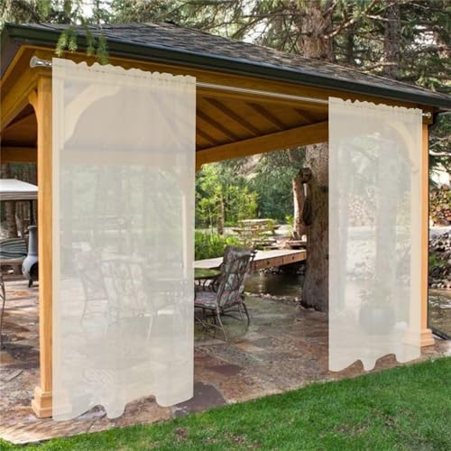 LINGKY Outdoor Vorhang Wetterfest Transparent Sonnenschutz Outdoorvorhänge Wasserdicht Voile Vorhang Outdoor Gardinen 2 Stück für Terrassentür Pavillon Veranda (B132xH213cm,Elfenbein) von LINGKY