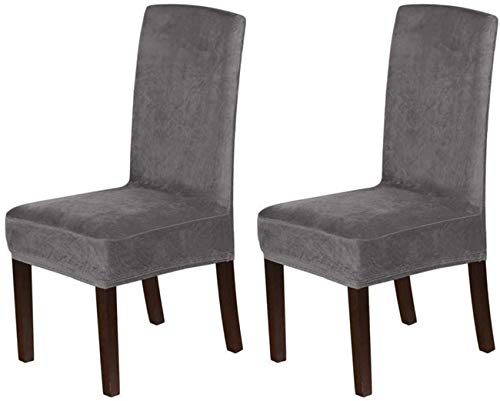 LINGKY Samt Stuhlhussen Stretch für Esszimmer Parson Stuhl - Schonbezüge Schutzhüllen, Soft Thick Solid Velvet Fabric Washable (Grau, Set of 2) von LINGKY