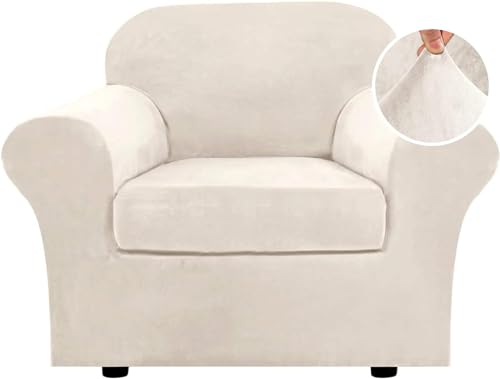 LINGKY Samt Schonbezug Mit 2 Separaten Kissenbezügen, Stretch Ultra Soft Plush Schonbezug Ersatz Rutschfester Möbelschutz Mit Elastischem Boden (Ivory,1 Sitzer (80-120 cm)) von LINGKY
