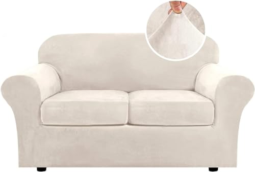 LINGKY Samt Schonbezug Mit 2 Separaten Kissenbezügen, Stretch Ultra Soft Plush Schonbezug Ersatz Rutschfester Möbelschutz Mit Elastischem Boden (Ivory,2 Sitzer (122-172 cm) von LINGKY