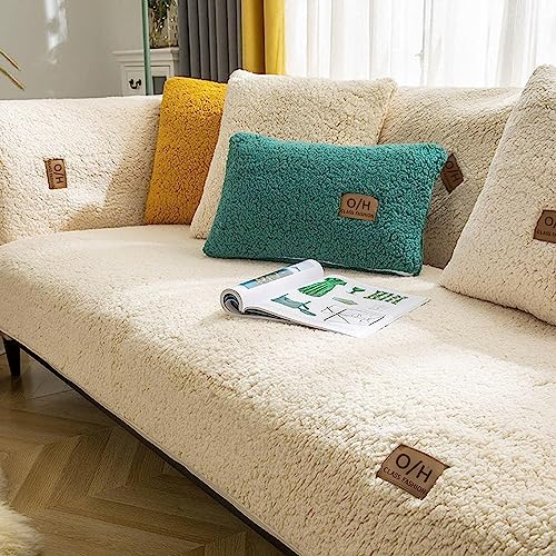 LINGKY Samt Sofabezug 1 2 3 4 Sitzer, L Form Sofaüberwurfe, Ecksofa Sofa überzug Pets Dog Couch überzug Anti-rutsch Sofaschutz, Ultra Weicher Sofaschoner (Beige,110x210cm/Rechteckig) von LINGKY