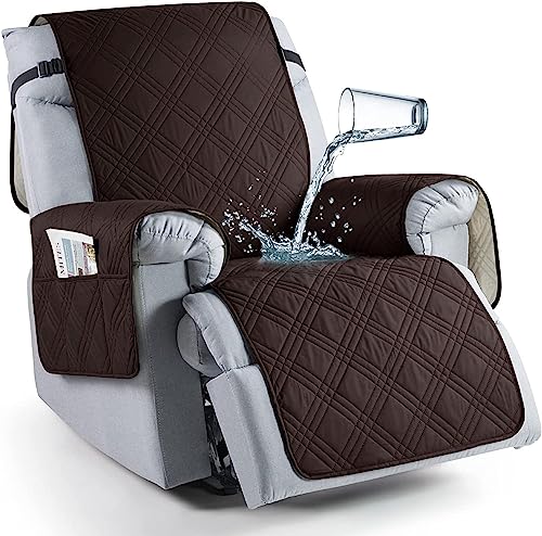 LINGKY Sesselschoner für Fernsehsessel, 100% Wasserdicht 1 Sitzer Sesselschoner, Anti-Rutsch Sesselauflage Relax mit Taschen Waschbar Sessel Überwürf Sesselbezug (Braun,1-Sitzer) von LINGKY