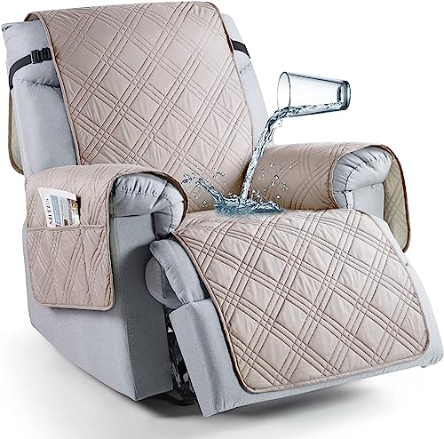 LINGKY Sesselschoner für Fernsehsessel, 100% Wasserdicht 1 Sitzer Sesselschoner, Anti-Rutsch Sesselauflage Relax mit Taschen Waschbar Sessel Überwürf Sesselbezug (Creme,1-Sitzer) von LINGKY