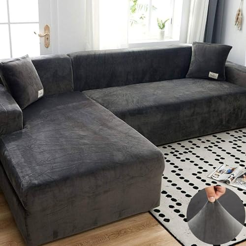 LINGKY Sofabezug Ecksofa L Form Stretch Samt Sofa Überzug Universal Couchbezug Für 1/2/3/4 Sitzer Waschbar Sofa Überwürfe (L Form Ecksofa Erfordert Zwei) - Sofabezug 2 Sitzer, Grau von LINGKY