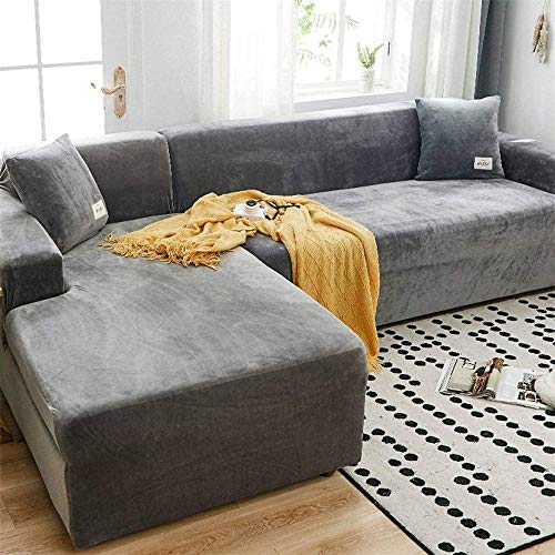 LINGKY Sofabezug Ecksofa L Form Stretch Samt Sofa Überzug Universal Couchbezug Für 1/2/3/4 Sitzer Waschbar Sofa Überwürfe (L Form Ecksofa Erfordert Zwei) - Sofabezug 2 Sitzer, Hellgrau von LINGKY