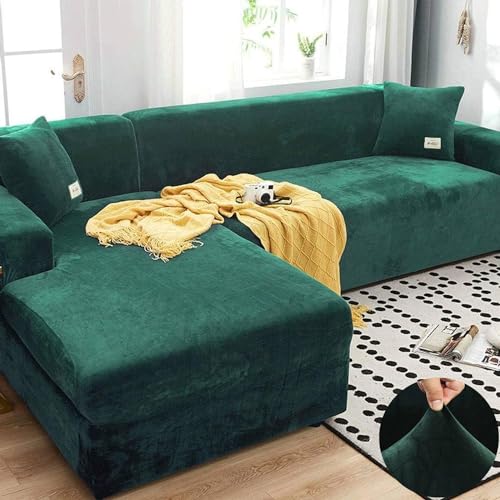 LINGKY Sofabezug Ecksofa L Form Stretch Samt Sofa Überzug Universal Couchbezug Für 1/2/3/4 Sitzer Waschbar Sofa Überwürfe (L Form Ecksofa Erfordert Zwei) - Sofabezug 1 Sitzer, Dunkelgrün von LINGKY