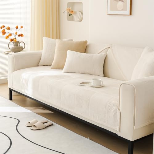 LINGKY Sofa Überzug, Samt Sofabezug 1/2/3/4 Sitzer, Sofaschoner rutschfest, Couch überzug L Form Sofaüberwurfe, Neue Universelle Sofa Sitzkissenbezug, Waschbar Couchbezug (Beigeweiß,90x180cm) von LINGKY