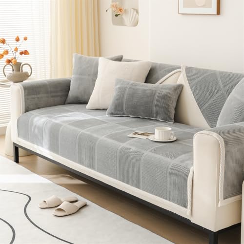 LINGKY Sofa Überzug, Samt Sofabezug 1/2/3/4 Sitzer, Sofaschoner rutschfest, Couch überzug L Form Sofaüberwurfe, Neue Universelle Sofa Sitzkissenbezug, Waschbar Couchbezug (Grau,70x150cm) von LINGKY