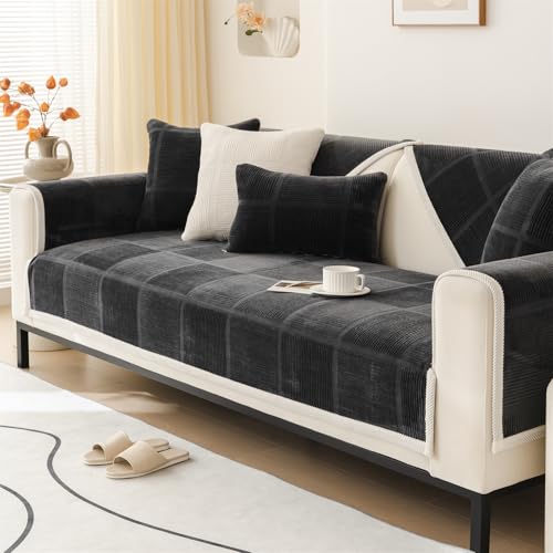 LINGKY Sofa Überzug, Samt Sofabezug 1/2/3/4 Sitzer, Sofaschoner rutschfest, Couch überzug L Form Sofaüberwurfe, Neue Universelle Sofa Sitzkissenbezug, Waschbar Couchbezug (Schwarz,70x70cm) von LINGKY