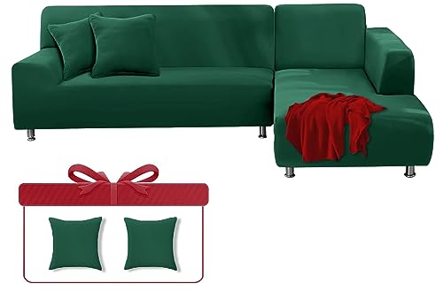 LINGKY Sofabezug Ecksofa L Form Sofa Überwürfe Stretch Sofa Überzug L Form Rechts oder Links mit Kissenbezügen Waschbar Universal-Couchbezug Für 1/2/3/4 Sitzer (Dunkelgrün,2 Sitzer(145-185cm)) von LINGKY