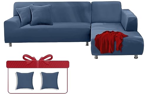 LINGKY Sofabezug Ecksofa L Form Sofa Überwürfe Stretch Sofa Überzug L Form Rechts oder Links mit Kissenbezügen Waschbar Universal-Couchbezug Für 1/2/3/4 Sitzer (Steinblau,3 Sitzer(195-230cm)) von LINGKY