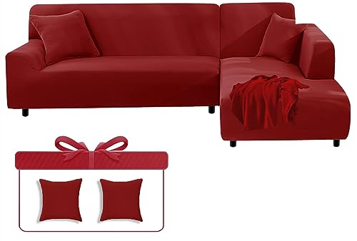 LINGKY Sofabezug Ecksofa L Form Sofa Überwürfe Stretch Sofa Überzug L Form Rechts oder Links mit Kissenbezügen Waschbar Universal-Couchbezug Für 1/2/3/4 Sitzer (Weinrot,2 Sitzer(145-185cm)) von LINGKY