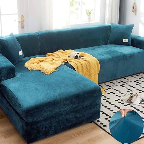 LINGKY Sofabezug Ecksofa L Form Stretch Samt Sofa Überzug Universal Couchbezug Für 1/2/3/4 Sitzer Waschbar Sofa Überwürfe (L Form Ecksofa Erfordert Zwei) - Sofabezug 1 Sitzer, Pfauenblau von LINGKY