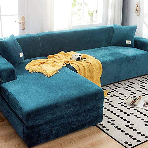 LINGKY Sofabezug Ecksofa L Form Stretch Samt Sofa Überzug Universal Couchbezug Für 1/2/3/4 Sitzer Waschbar Sofa Überwürfe (L Form Ecksofa Erfordert Zwei) - Sofabezug 2 Sitzer, Pfauenblau von LINGKY