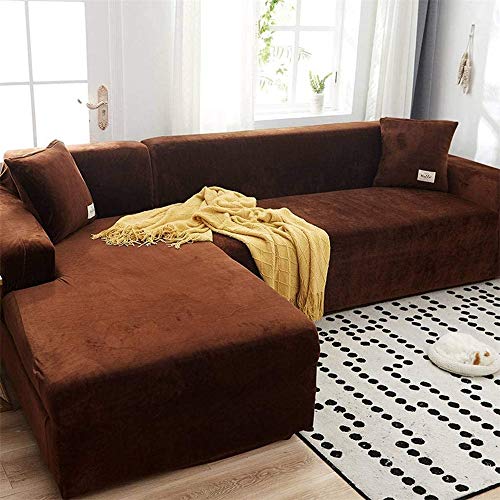 LINGKY Sofabezug Ecksofa L Form Stretch Samt Sofa Überzug Universal Couchbezug Für 1/2/3/4 Sitzer Waschbar Sofa Überwürfe (L Form Ecksofa Erfordert Zwei) - Sofabezug 3 Sitzer, Kaffee von LINGKY
