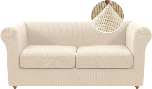 LINGKY Stretch Chesterfield Sofa Überzug 2 Sitzer, Elastischer Sofabezug Mit 2 Separaten Sofa Sitzkissenbezug, Elasthan Couch Überzug, Sofaschutz Katze Sofaüberwurf (Natürlich,2 Sitzer) von LINGKY