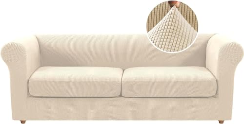 LINGKY Stretch Chesterfield Sofa Überzug 2 Sitzer, Elastischer Sofabezug Mit 2 Separaten Sofa Sitzkissenbezug, Elasthan Couch Überzug, Sofaschutz Katze Sofaüberwurf (Natürlich,Großer 2 Sitzer) von LINGKY