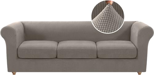 LINGKY Stretch Chesterfield Sofa Überzug 3 Sitzer, Elastischer Sofabezug Mit 3 Separaten Sofa Sitzkissenbezug, Elasthan Couch Überzug, Sofaschutz Katze Sofaüberwurf (Taupe,3 Sitzer) von LINGKY