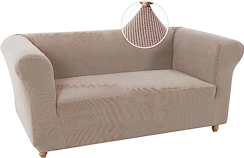 LINGKY Stretch Chesterfield Sofabezug 2 Sitzer Sofahusse mit Armlehne Spandex Jacquard Sofa Überwürfe rutschfest Sofa Überzug Waschbare Sofabezug für Haustiere (Sand,2 Sitzer) von LINGKY